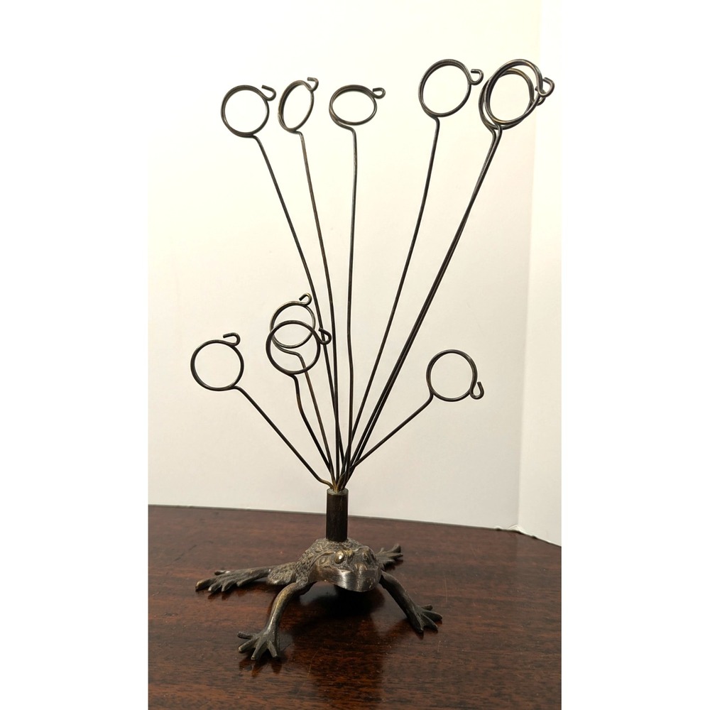 Vintage Cast Iron Frog Photo Holder 12" Wire Picture‎ Memo Card Display Stand